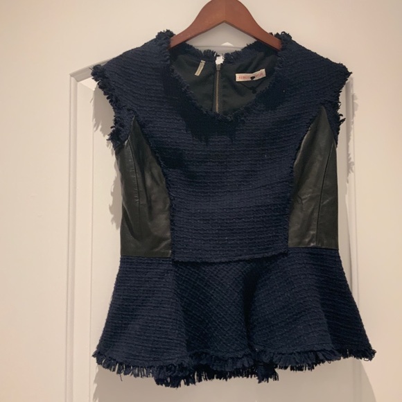 Rebecca Taylor Blue Cotton Blend Tweed Peplum Top w/ Lambskin Size 12 - Picture 3 of 3